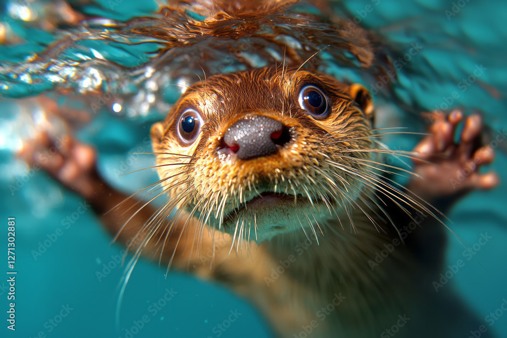 Poster a partially overhead viewpoint revealing the otterâ€™s round face and large eyes looking up, small