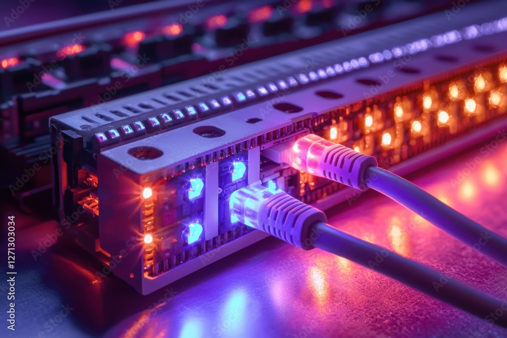 Aufkleber close-up of a server rack with ethernet cables connected, glowing with vibrant neon lights, illustra
