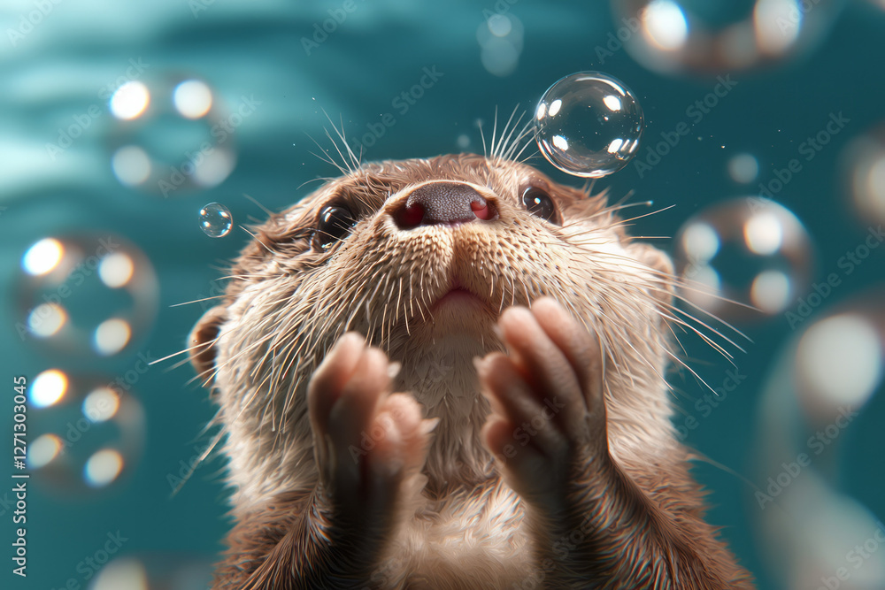 Poster a playful shot capturing the otter blowing tiny bubbles in the water, the background softly blurred