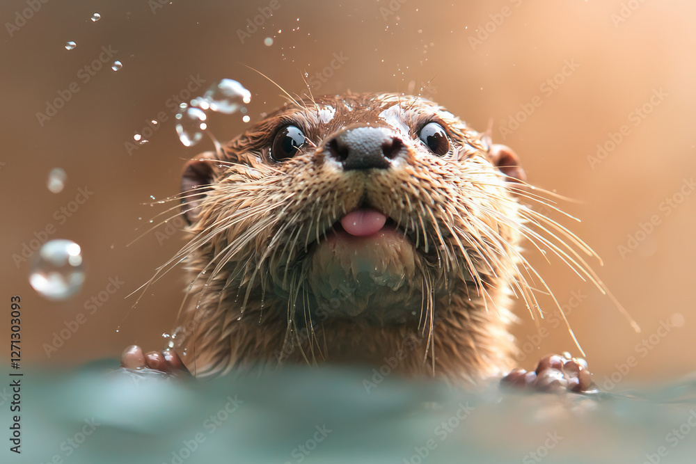 Poster A playful shot capturing the otter blowing tiny bubbles in the water, the background softly blurred