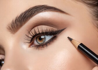 Naklejka premium Close-up of a woman's eye with eyebrow pencil application, natural makeup detail, beauty and cosmetics concept, precision and definition, professional makeup, studio photography, subtle and elegant.