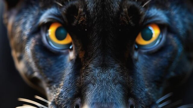 Black panther eyes background, wild cat animal face in night, yellow eyeballs in dark. Black panther eyes glow look in macro closeup