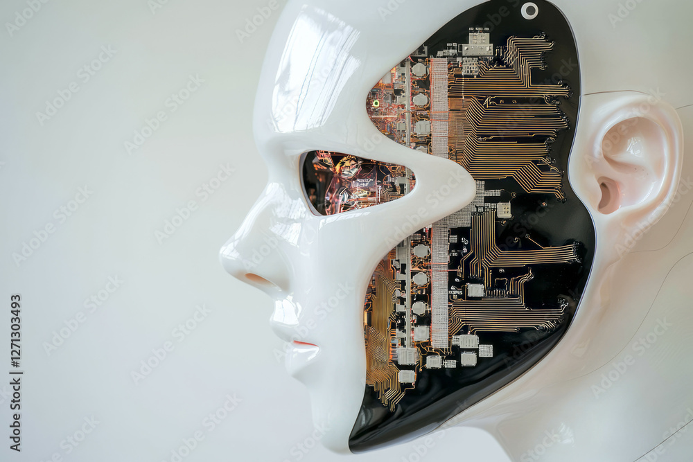 Poster a near-silhouette view of the androidâ€™s slim frame, the head slightly turned to display a