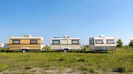 Three Vintage Caravans Parked in a Grassy Field under a Bright Blue Sky