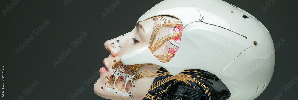 Poster A minimal environment showcasing the robotâ€™s subtle gestures, with fine golden wires tracing
