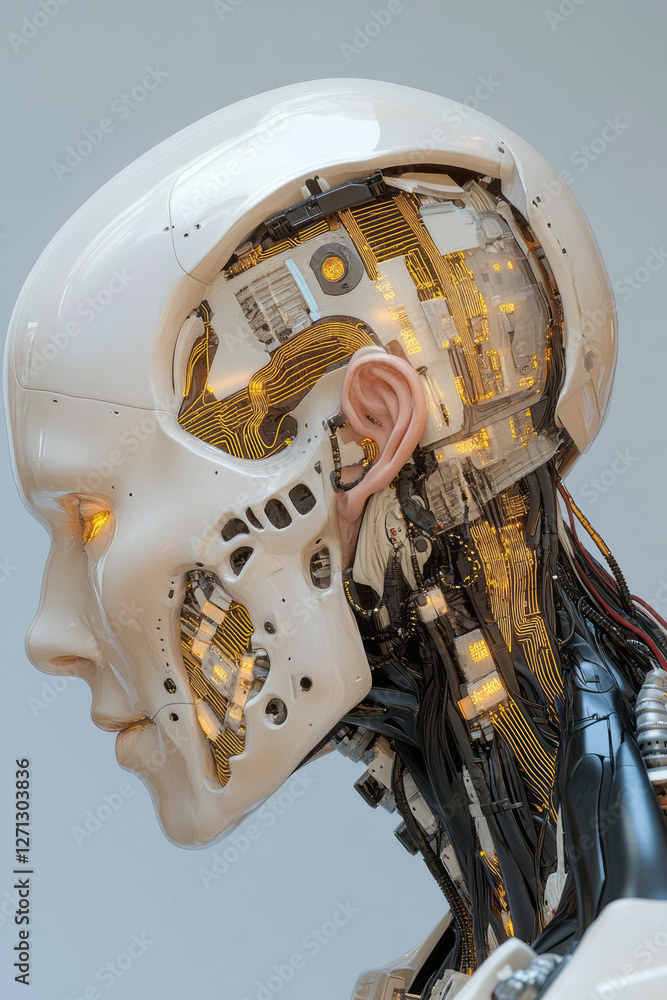 Poster a refined top-down angle, the robot gently lowering its head, allowing golden circuit lines on the