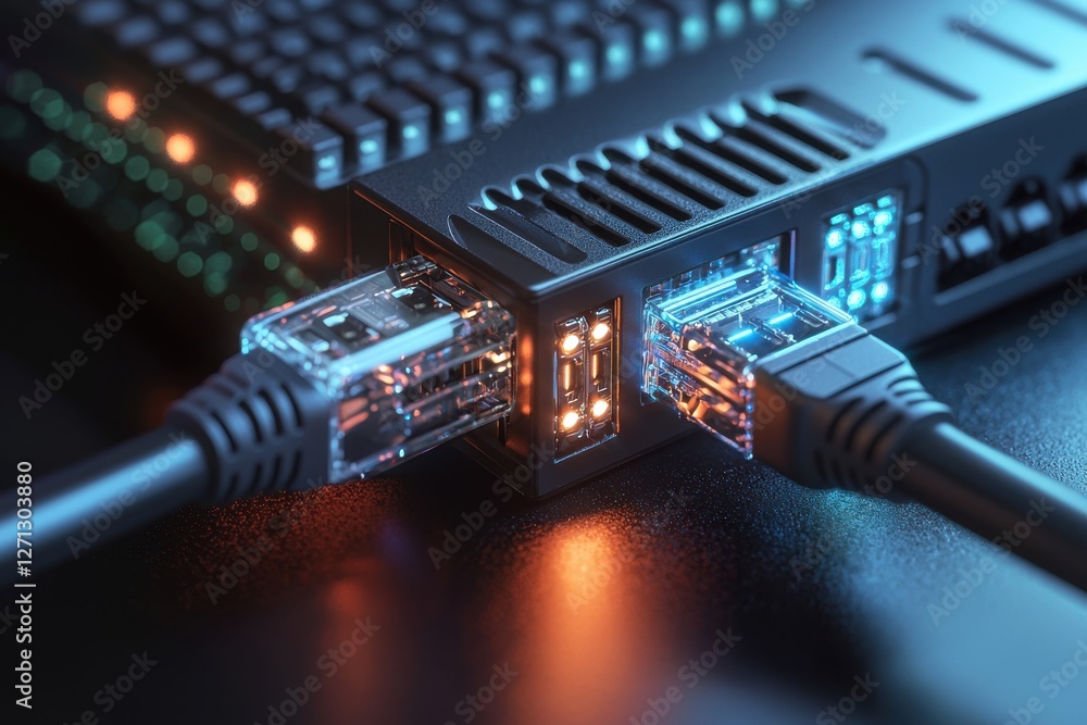 Poster close-up of network cables plugged into a server with glowing lights, connecting to the internet, an