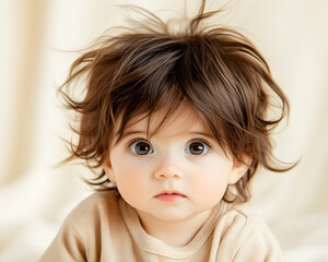 Naklejka premium Baby girl portrait, studio shot, beige background, child development