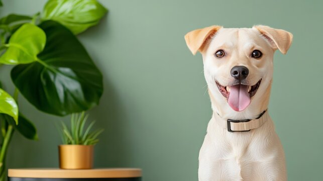 Elegant Dog with its tongue hanging out and one ear flopped back making a derpy confused face against a vibrant blue backdrop 