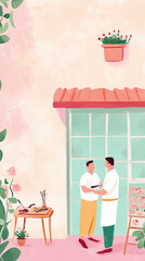2D Illustration of father and son share moment outside charming shop, surrounded by plants and tools, showcasing warm bond and creativity