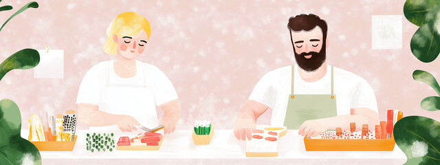 2D Illustration of father and son joyfully preparing sushi together in bright kitchen, showcasing teamwork and creativity. Their smiles reflect warm bond