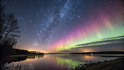 Vibrant night sky with stars and aurora borealis over a lake