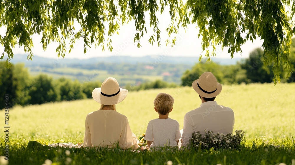 Poster elegant family enjoying a picnic under a giant willow tree with cascading branches swaying in the wi