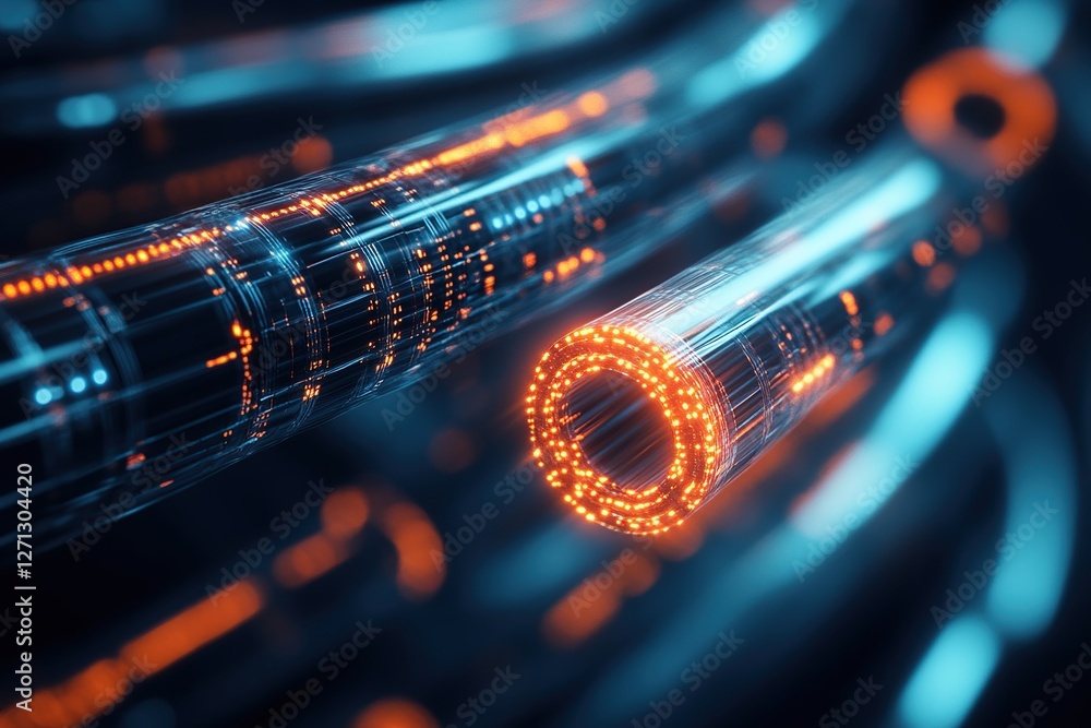 Poster digital data streams flowing through futuristic transparent tubes with glowing orange nodes, represe