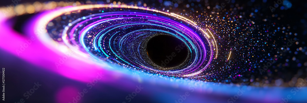 Poster a futuristic scene with bold neon streams converging around a spiraling tunnel, each streak