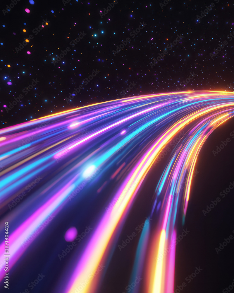 Aufkleber an abstract composition of pulsating laser-like trails fanning out in a rainbow of neon hues,