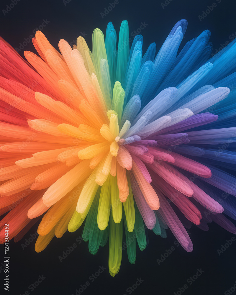 Aufkleber an abstract composition of pulsating laser-like trails fanning out in a rainbow of neon hues,