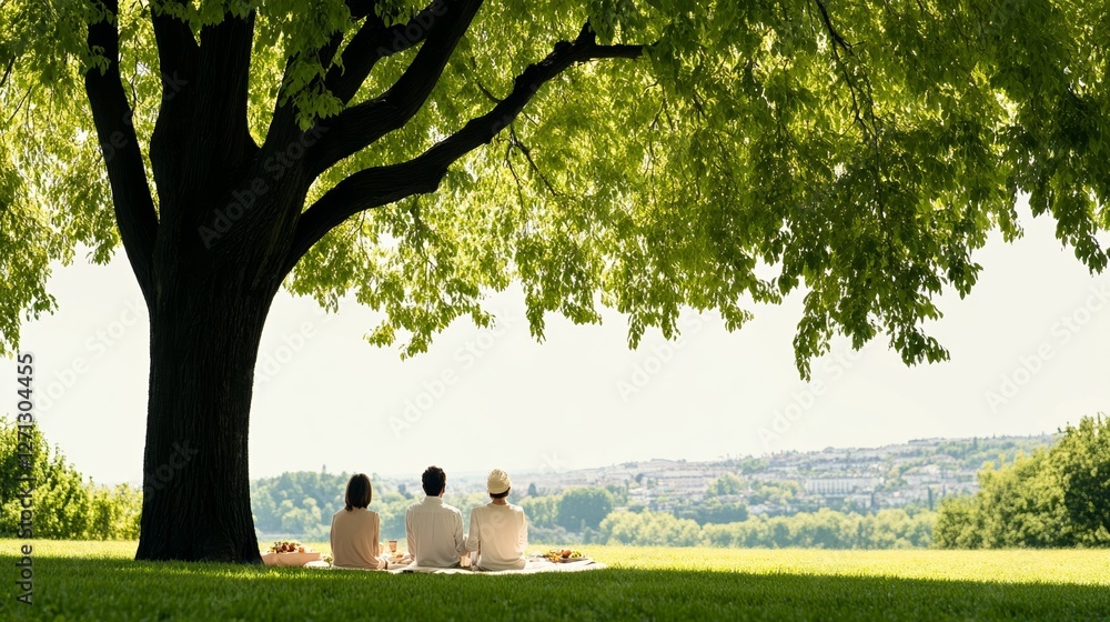 Poster elegant family enjoying a picnic under a giant willow tree with cascading branches swaying in the wi
