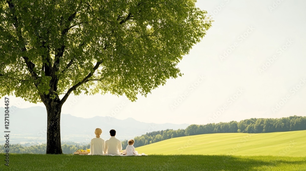 Poster elegant family enjoying a picnic under a giant willow tree with cascading branches swaying in the wi