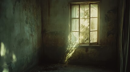 Obraz premium Soft sunlight filters through a decaying window in an abandoned room, casting ethereal shadows on weathered walls.