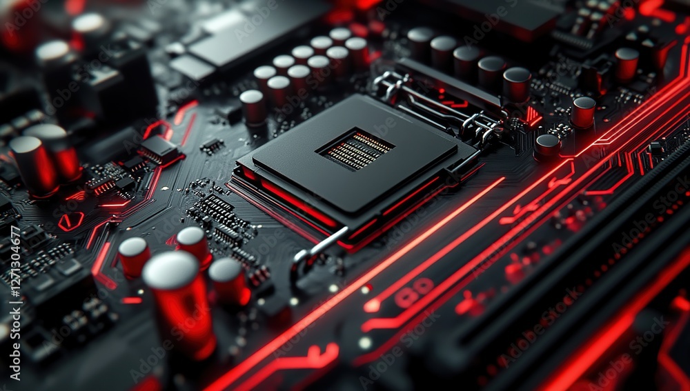 Poster exploring computer motherboard components: a close-up view of the cpu socket and circuitry with red 