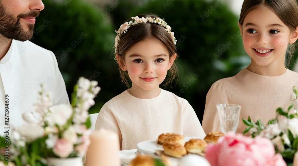 Poster elegant family gathered around a table enjoying easter pastries like kolaci and baklava with joyful 