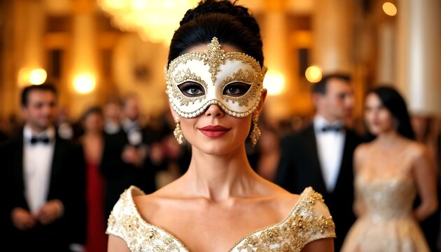 A woman in a white and gold masquerade mask with gold embellishments poses at a formal event.