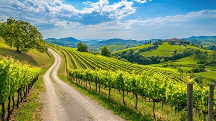 Naklejka premium Narrow winding road through rolling vineyards, with grapevines stretching out on both sides under a bright blue sky.