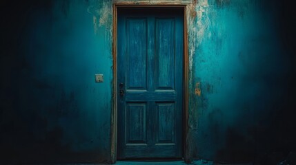 A mysterious, weathered blue door in a dimly lit room invokes a sense of intrigue and secrets hidden behind its aged wood.