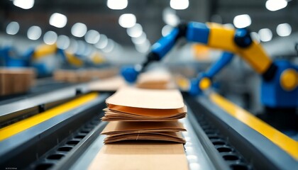 Fototapeta premium Conveyor Belt with Stack of Brown Paper Packages.