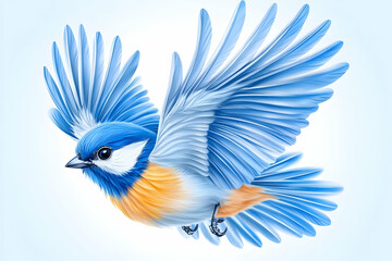 Blue bird in flight, white background, nature scene, website graphic