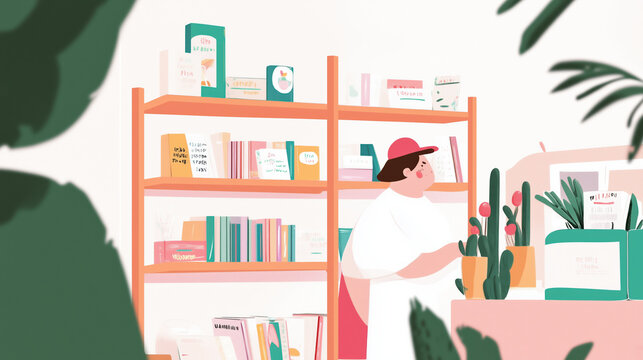2D Illustration of cozy family owned bookstore with colorful shelves and friendly staff member arranging plants. warm atmosphere invites readers to explore