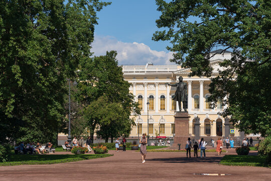 St Petersburg, Russia - August 15, 2024: Monument to the famous Russian poet of the 19th century Alexander Sergeevich Pushkin on Arts Square in front of the State Russian Museum (Mikhailovsky Palace)