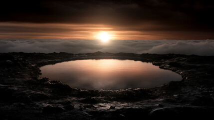 Fototapeta premium Tranquil Lake Reflecting Golden Sunset Above Cloud Layer on a Mysterious Rocky Terrain Landscape