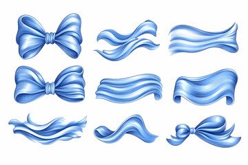 Fototapeta premium Blue ribbon bows and banners, design elements, white background, graphic design