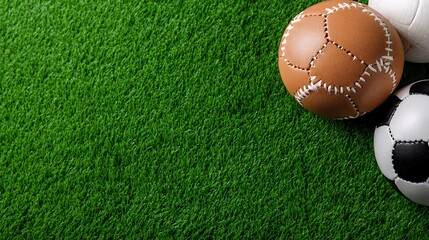Obraz premium Close-Up of Various Sports Balls on Green Synthetic Grass Background
