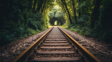 Fototapeta premium Old railway track running parallel to a rural dirt road, disappearing into a tunnel of dense trees.