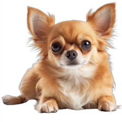 Obraz premium A long-haired Chihuahua with a golden-brown coat stands against a black background, gazing attentively forward.