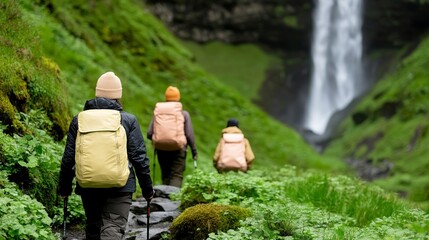 Elegant Group of hikers navigating a rocky path leading up to a waterfall surrounded by mossy cliffs and cascading water mist adventure moment 