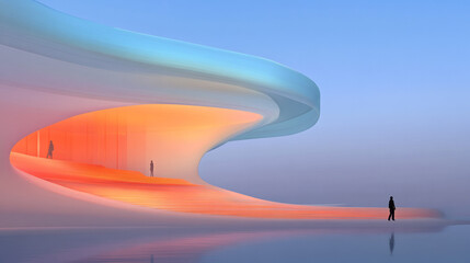 A futuristic atrium where orange-lit corridors contrast against translucent blue glass ceilings,