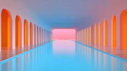 Obraz premium A futuristic atrium where orange-lit corridors contrast against translucent blue glass ceilings,