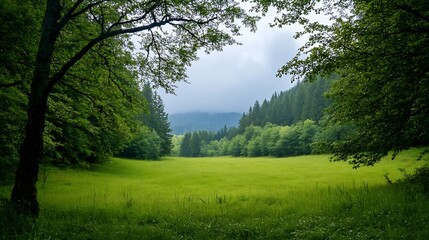 Fototapeta premium Serene Green Landscape Surrounded by Trees and Misty Mountains Capturing Nature's Beauty : Generative AI
