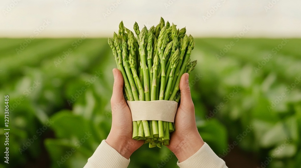 Poster elegant hand holding a bundle of freshly picked asparagus with green fields and rows of crops visibl