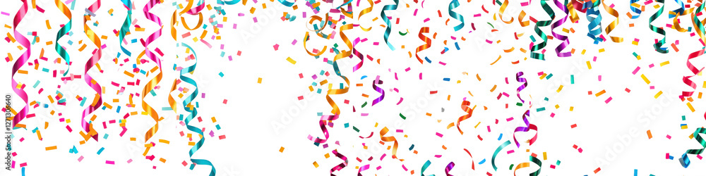 Poster vibrant and dynamic background of multicolored confetti streamers and ribbons floating and falling c