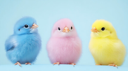Fototapeta premium Trio of Adorable Fluffy Easter Chicks in Blue Pink and Yellow on a Pastel Background Setting