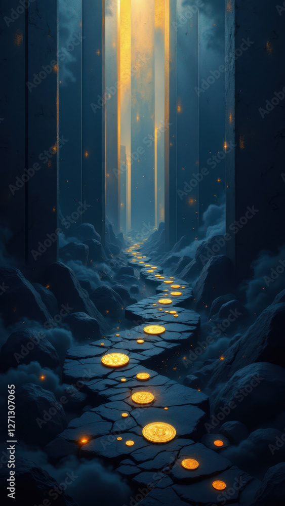 Poster an artistic depiction of financial growth with a mystical journey through an illuminated tunnel, sym