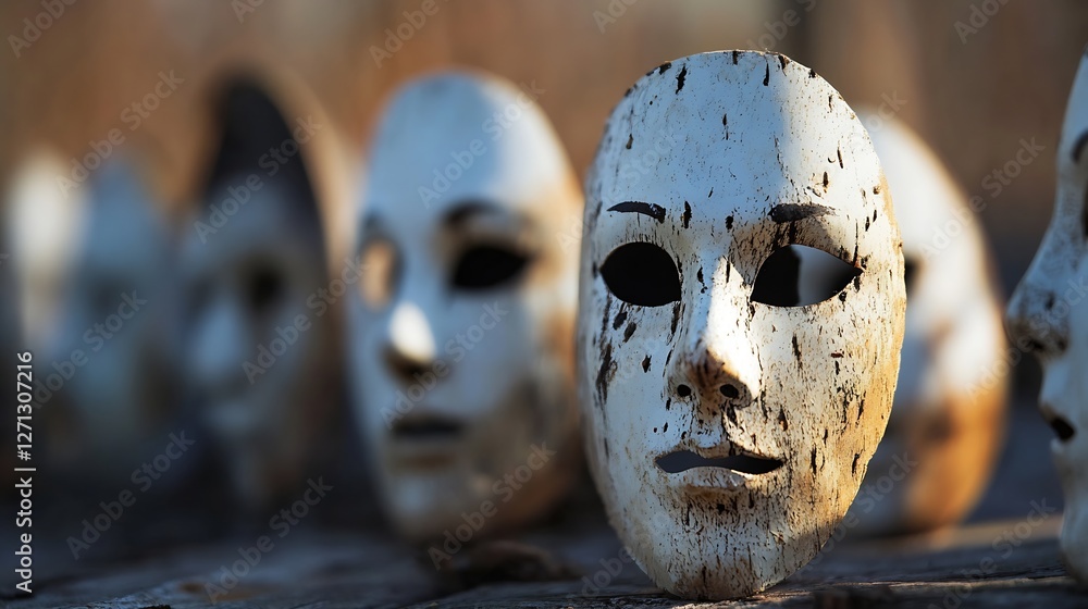 Poster Artistic representation of weathered white masks arranged in a creative display symbolizing mystery : Generative AI