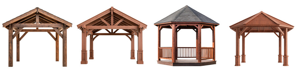Cozy wooden gazebo or pavilion structure in a garden or backyard setting providing shade shelter and a beautiful architectural feature for outdoor relaxation entertainment and special events
