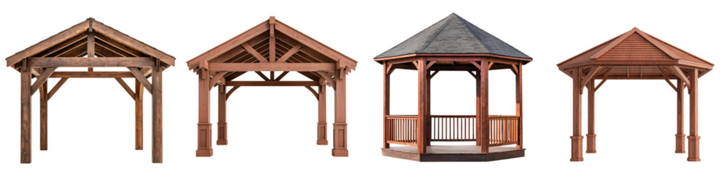 Cozy wooden gazebo or pavilion structure in a garden or backyard setting providing shade shelter and a beautiful architectural feature for outdoor relaxation entertainment and special events