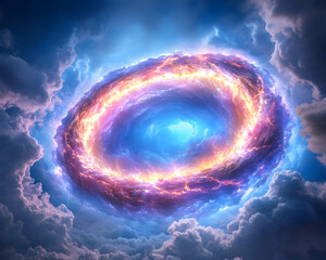 Celestial ring of fire and energy in stormy clouds